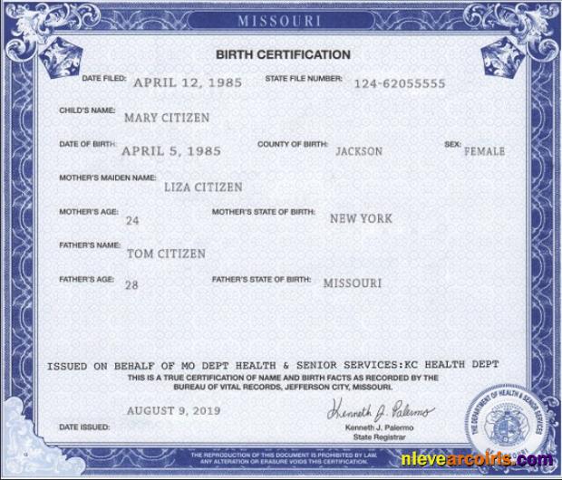 USA Missouri state birth certificate